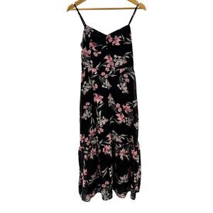 RIHOAS Women's Floral Tiered Midi Dress Black Pink Sweetheart Neckline Small NWT